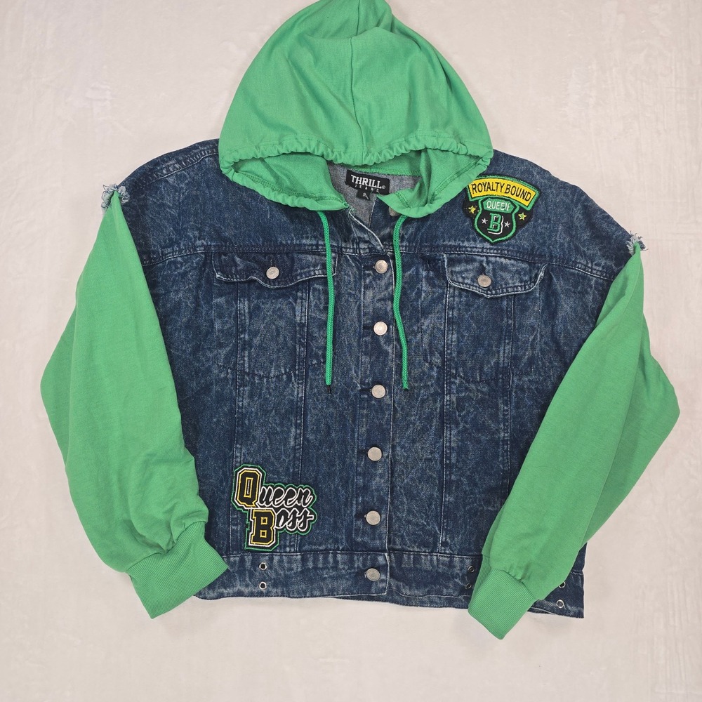 Thrill Jeans Womens 1X Acid Wash Denim Jacket Green Hood Patch Y2K Streetwear